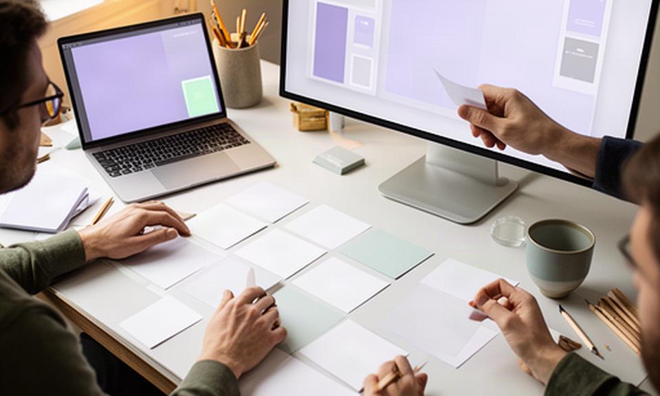 Mac software prototype screens reviewed beside handwritten product notes
